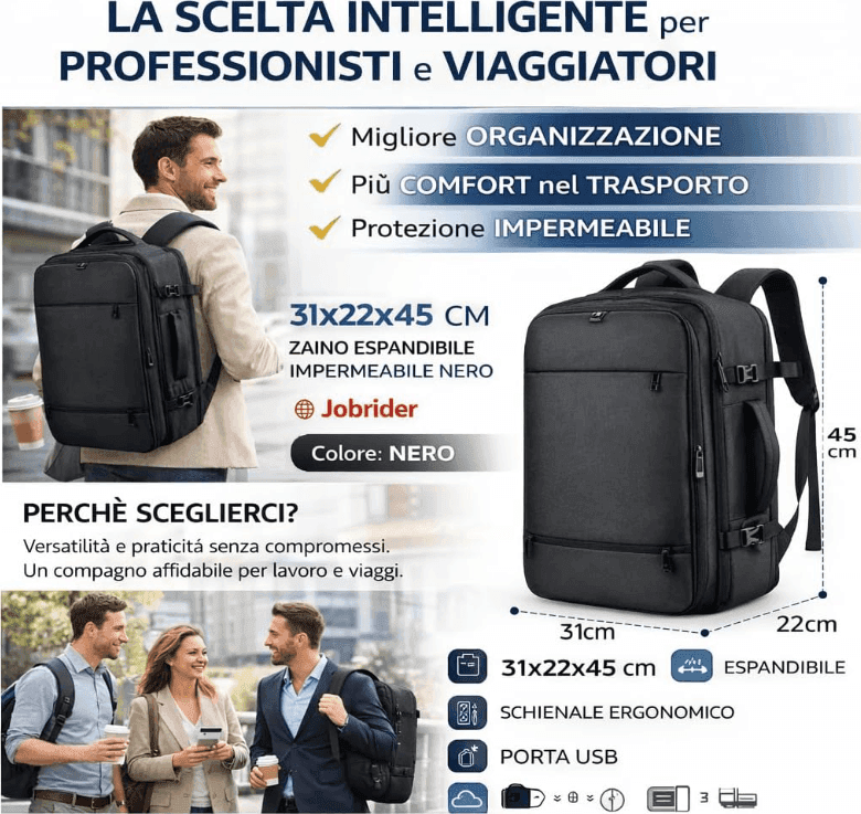 Cartospedia - Motion Zaino Porta Computer Espandibile Jobrider Impermeabile Nero 31x22x45 cm con USB, Schienale Ergonomico, 3 Sc - 6