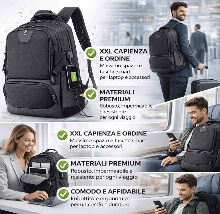 Cartospedia - Urban Zaino Porta Computer 15,6 Pollici Waterproof in Poliestere Nero 30x22x46 cm con Porta USB e Fascia Trolley, - 2