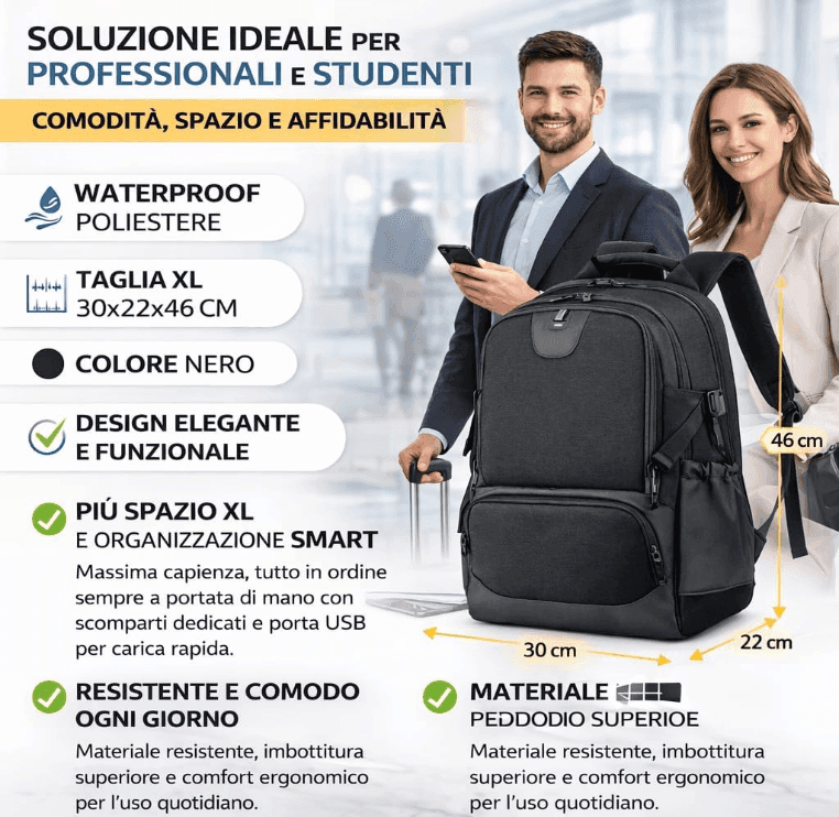 Cartospedia - Urban Zaino Porta Computer 15,6 Pollici Waterproof in Poliestere Nero 30x22x46 cm con Porta USB e Fascia Trolley, - 5
