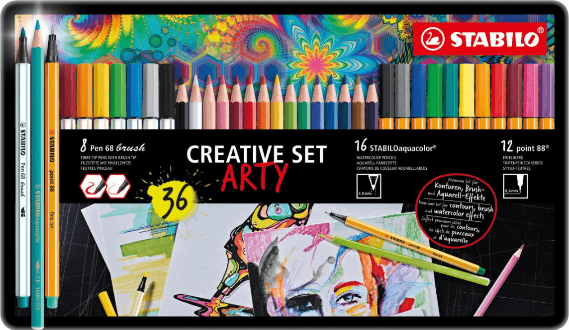 Stabilo - Creative Set Arty con 12 Fineliner point 88, 8 Pennarelli Pen 68 Brush e 16 matite Aquacolor (87/3193) - 2