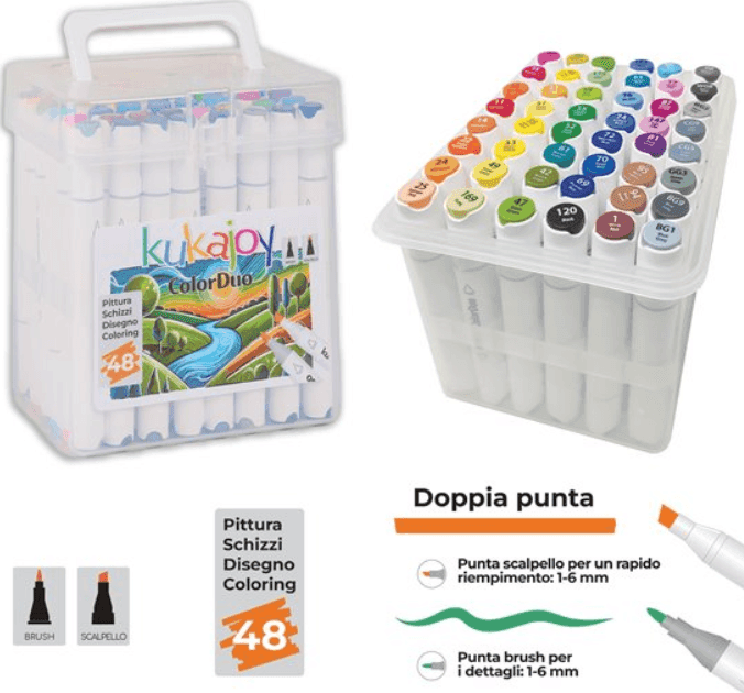 CARTOSPEDÌA 48 Pennarelli Brush Doppia Punta Kukajoy Color Duo –  1–6 mm - 6