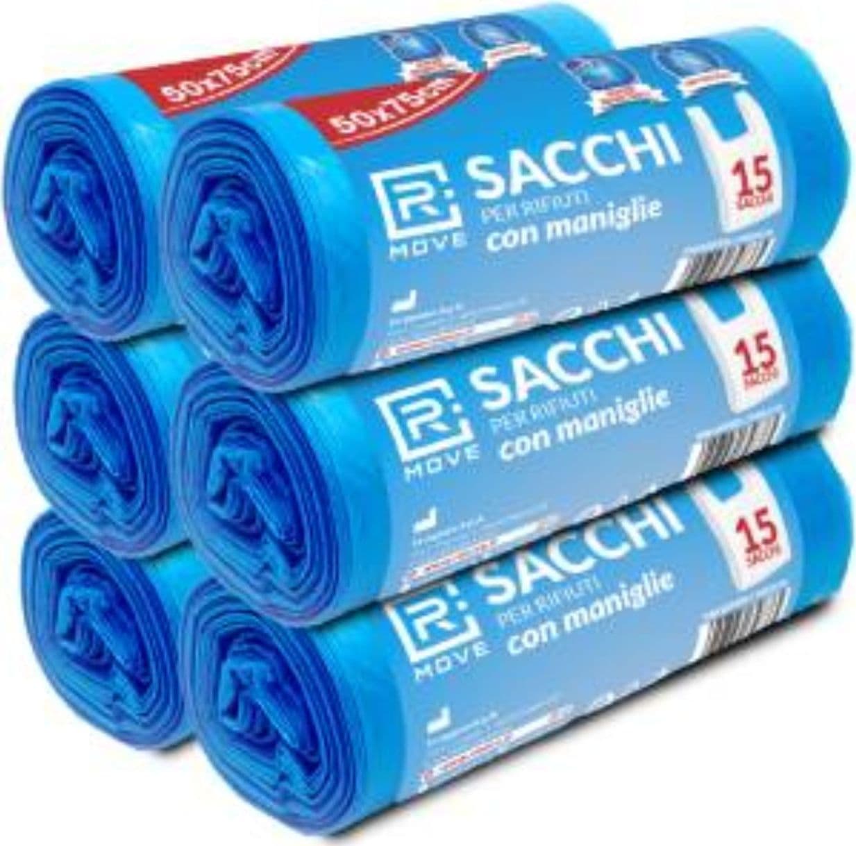 RMove Sacchi Rifiuti 50x75cm con maniglie 6 Rotoli da 15 Sacchi Blu - 1