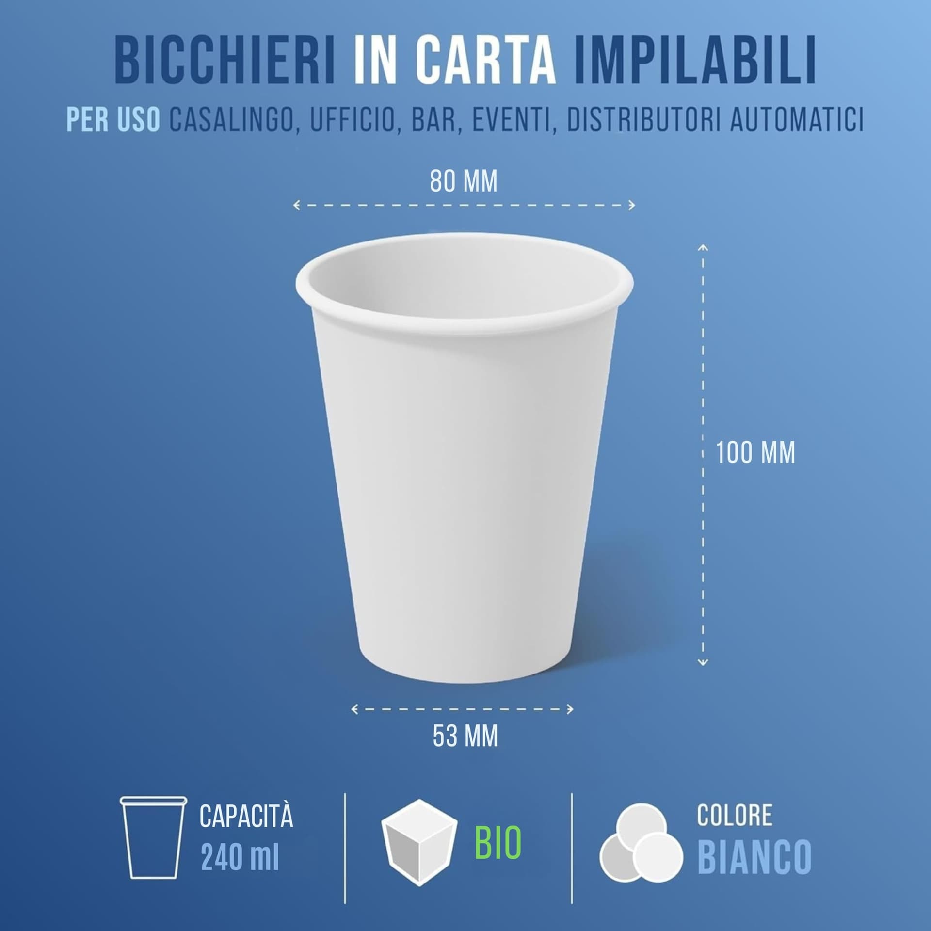CARTOSPEDÌA - 200 Bicchieri Carta Da 240 ml, Biodegradabili e Compostabili, Usa e Getta, Monouso, Ecologici per Acqua - 2
