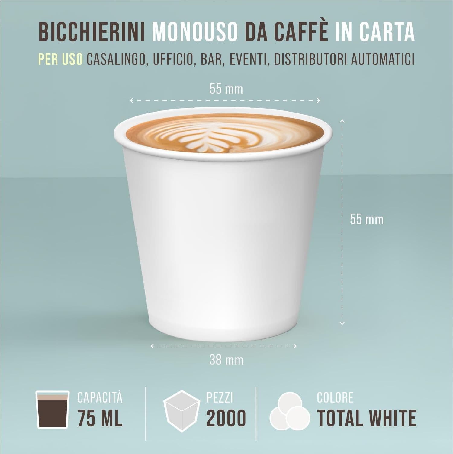 CARTOSPEDÌA – 2000 Bicchierini Caffè Carta, 75 ml, Bicchieri Caffe Monouso Biodegradabili  Made in Italy 100%, Total White - 5