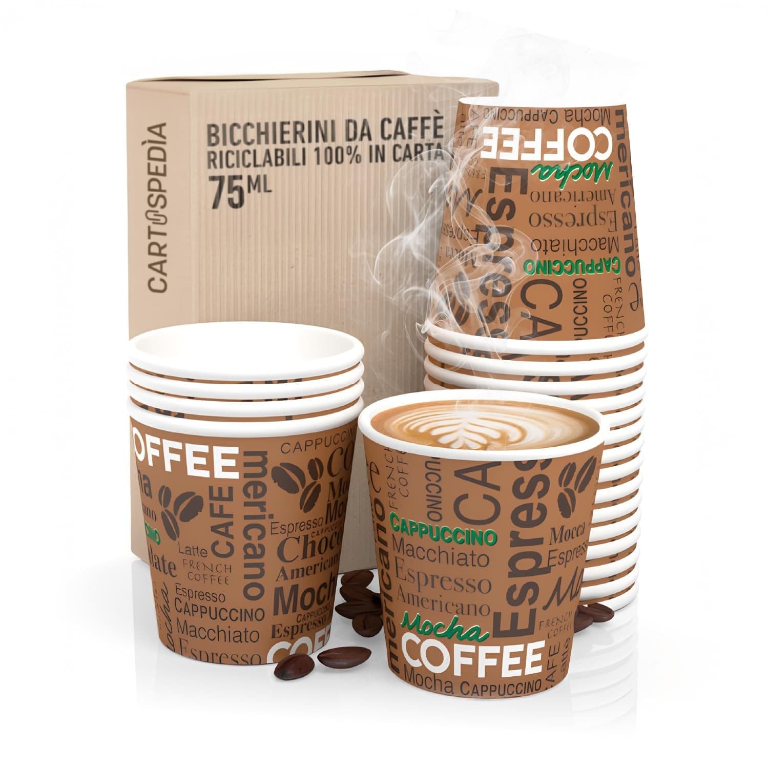 CARTOSPEDÌA – 2000 Bicchierini Caffè Carta, 75 ml, Bicchieri Caffe Monouso Biodegradabili Made in Italy 100%, Brown - 2