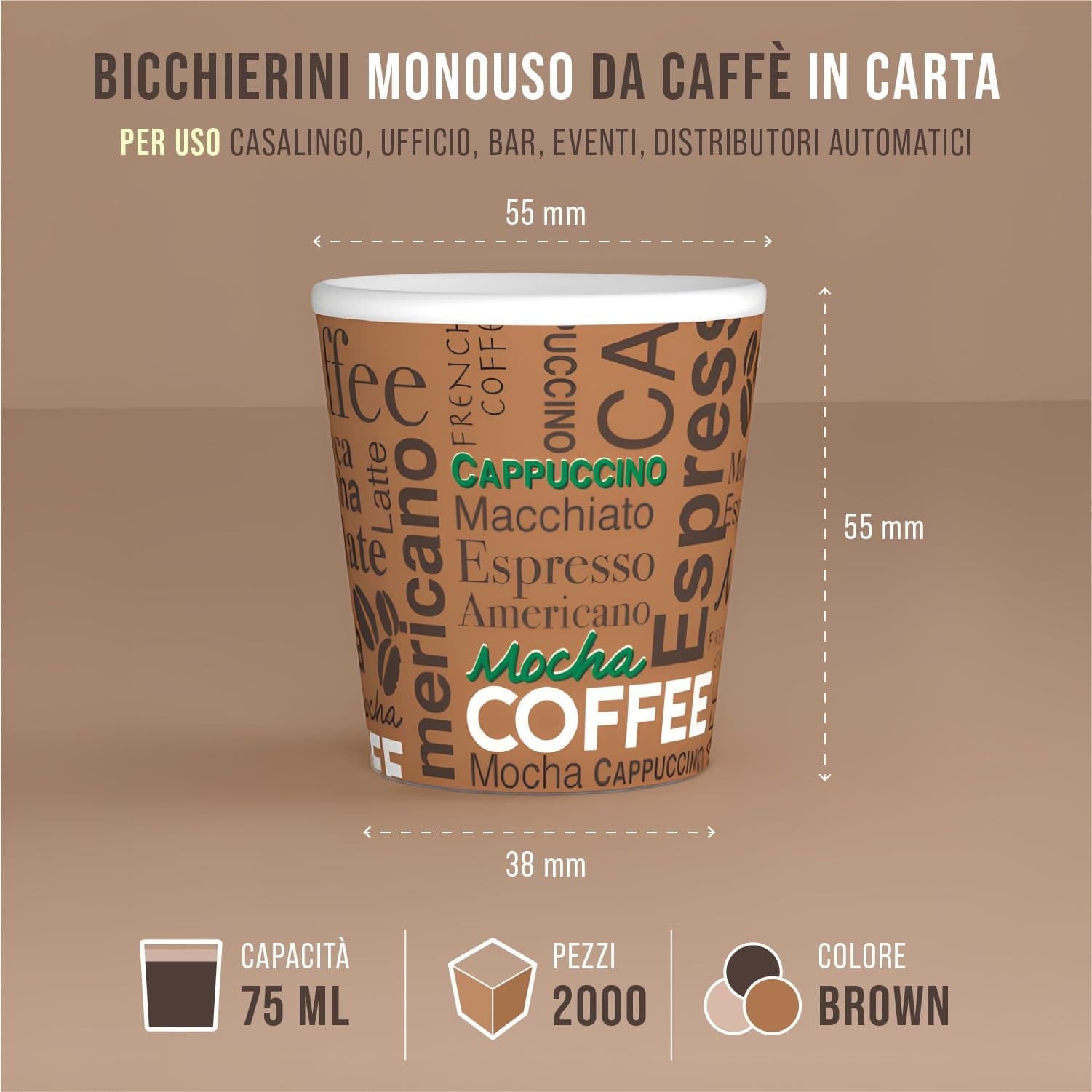 CARTOSPEDÌA – 2000 Bicchierini Caffè Carta, 75 ml, Bicchieri Caffe Monouso Biodegradabili Made in Italy 100%, Brown - 3
