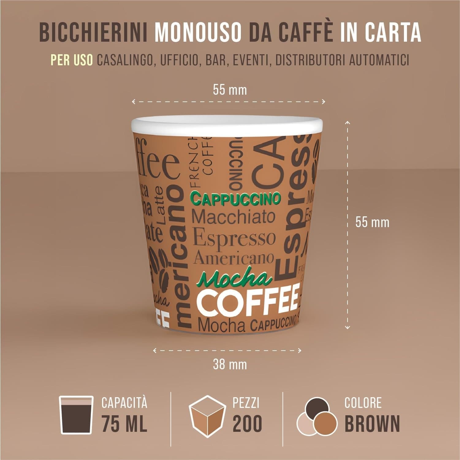 CARTOSPEDÌA – 200 Bicchierini Caffè Carta, 75 ml, Bicchieri Caffe Monouso Biodegradabili Made in Italy 100%, Brown - 4