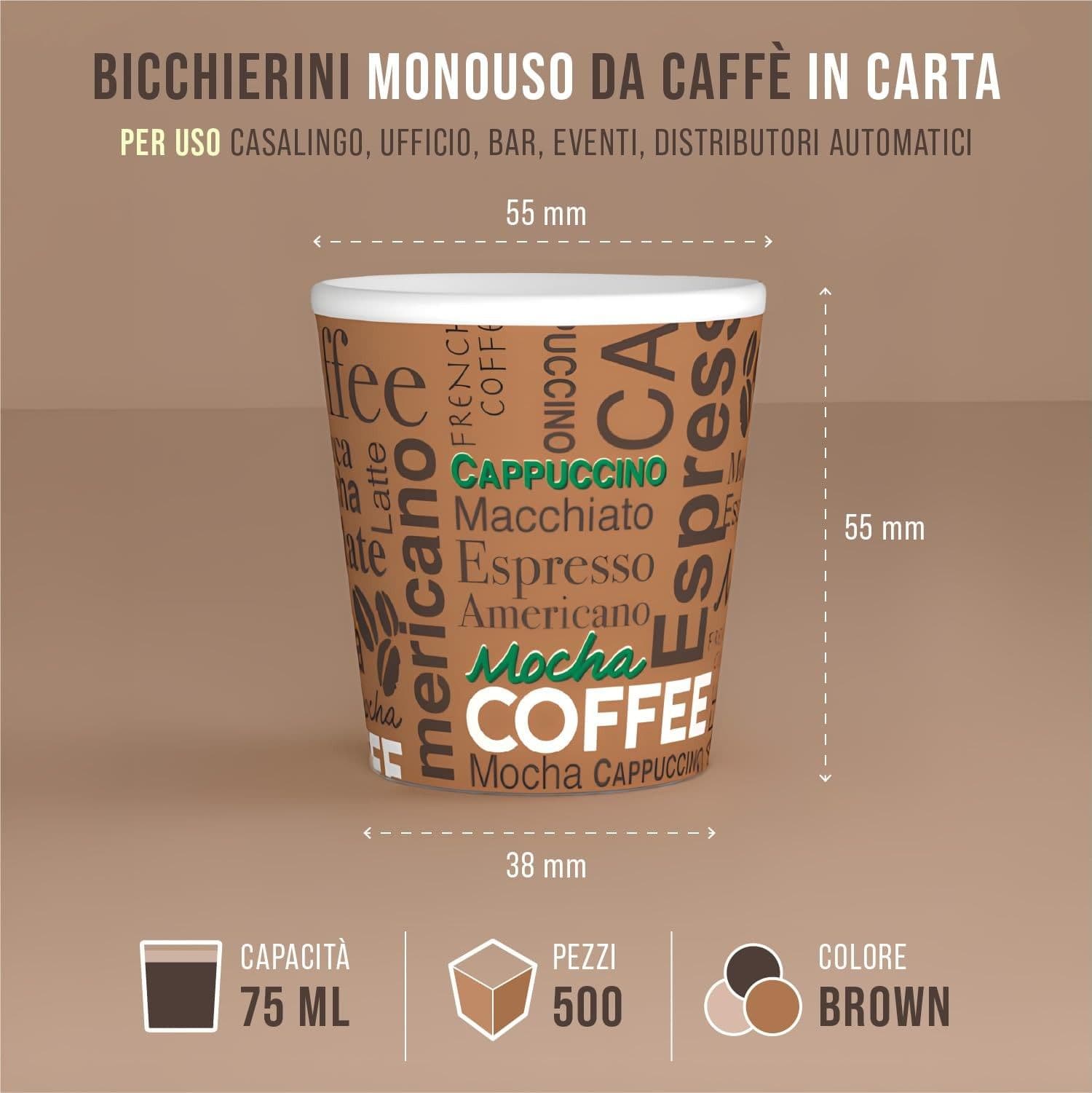 CARTOSPEDÌA – 500 Bicchierini Caffè Carta, 75 ml, Bicchieri Caffe Monouso Biodegradabili Made in Italy 100%, Brown