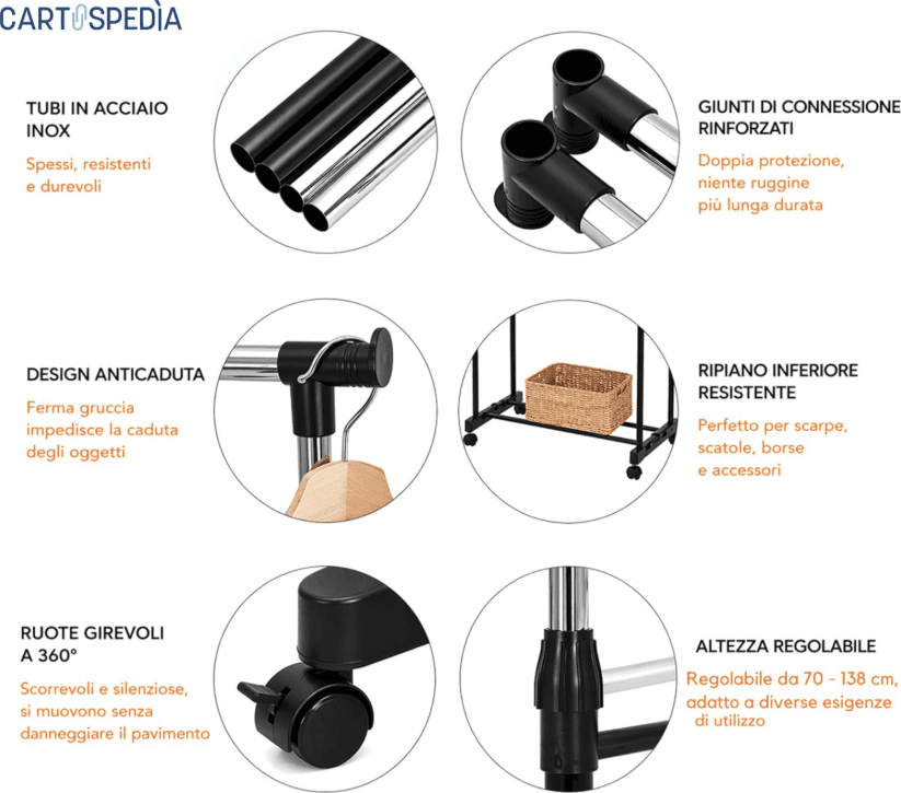 Cartospedìa - Appendiabiti con Ruote Doppio Estensibile - CAPACITA' 30 KG (BLACK)  per Casa, Negozio e Altro - 4