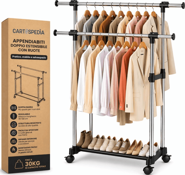 Cartospedìa - Appendiabiti con Ruote Doppio Estensibile - CAPACITA' 30 KG (BLACK)  per Casa, Negozio e Altro - 5