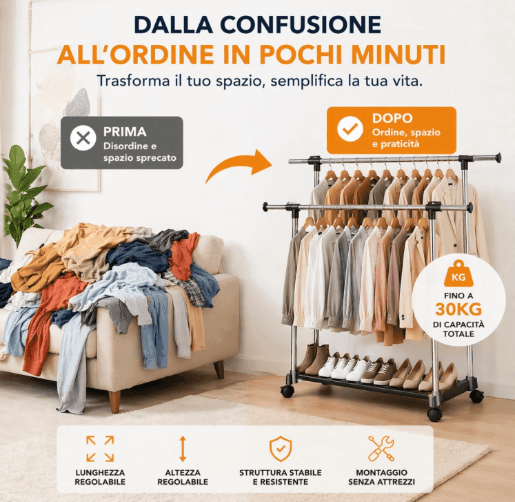 Cartospedìa - Appendiabiti con Ruote Doppio Estensibile - CAPACITA' 30 KG (BLACK)  per Casa, Negozio e Altro - 6