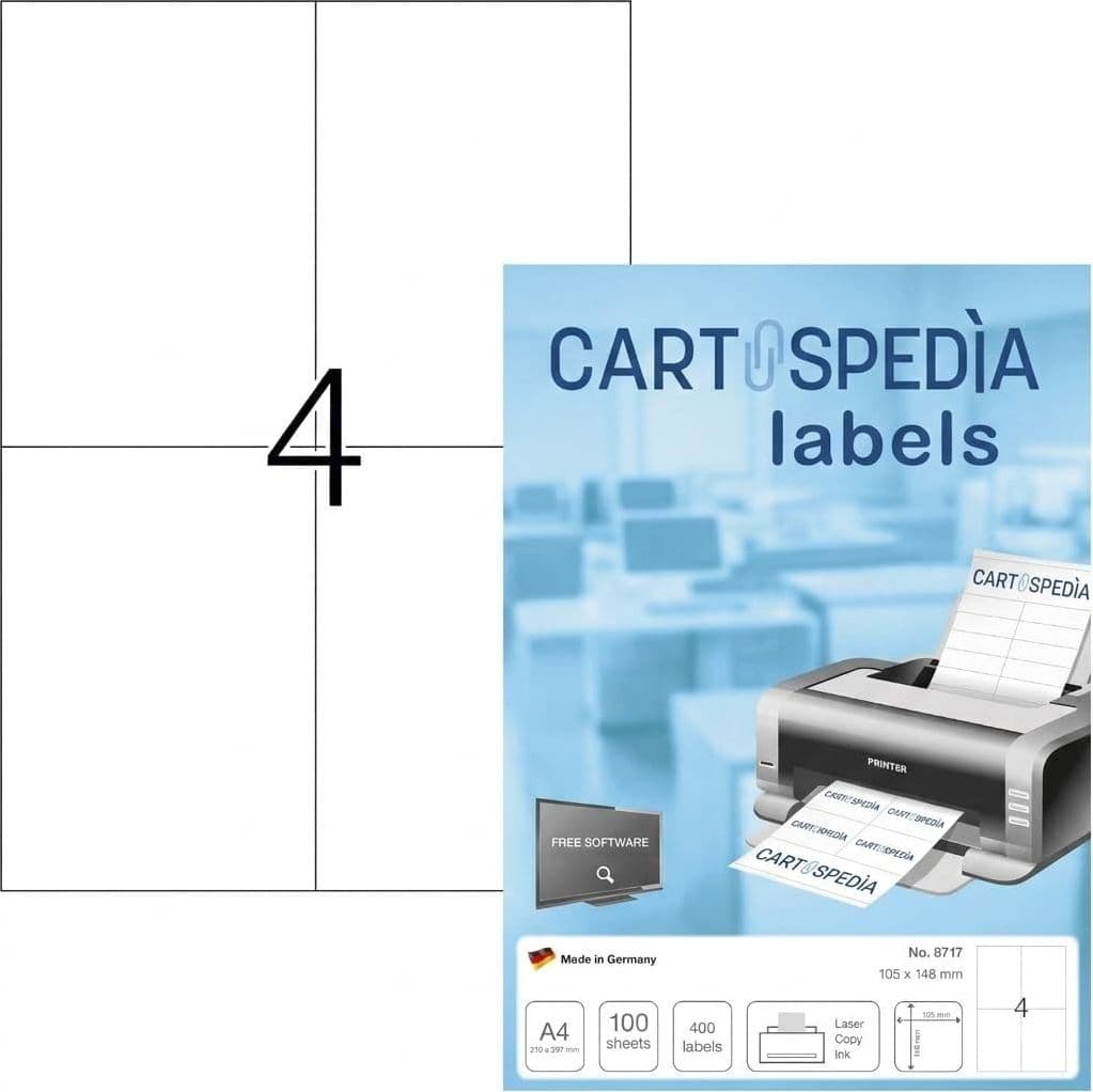 Cartospedìa- Etichette Adesive Multiuso Bianche, 105 x 148 mm, 4 Etichette per Foglio A4, 100 Fogli per Stampanti Laser e Inkjet - 4