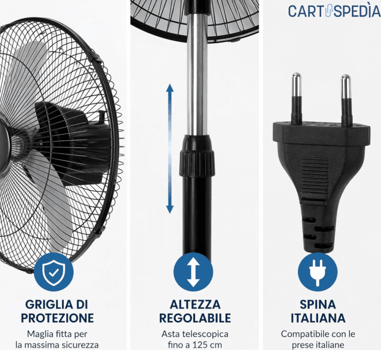 Cartospedìa - Ventilatore 3 in 1 a Piantana, Tavolo e Parete - 75W con 5 Pale in Alluminio - Silenzioso per Casa e Ufficio - 2