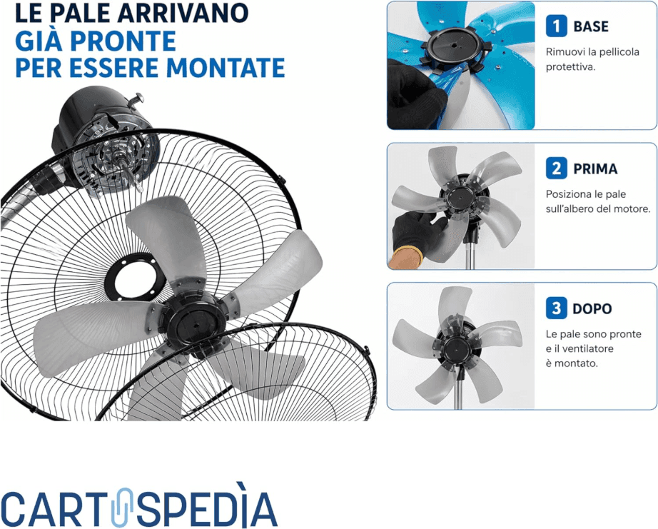 Cartospedìa - Ventilatore 3 in 1 a Piantana, Tavolo e Parete - 75W con 5 Pale in Alluminio - Silenzioso per Casa e Ufficio - 6