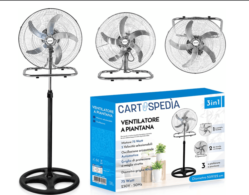 Cartospedìa - Ventilatore 3 in 1 a Piantana, Tavolo e Parete - 75W con 5 Pale in Alluminio - Silenzioso per Casa e Ufficio - 9