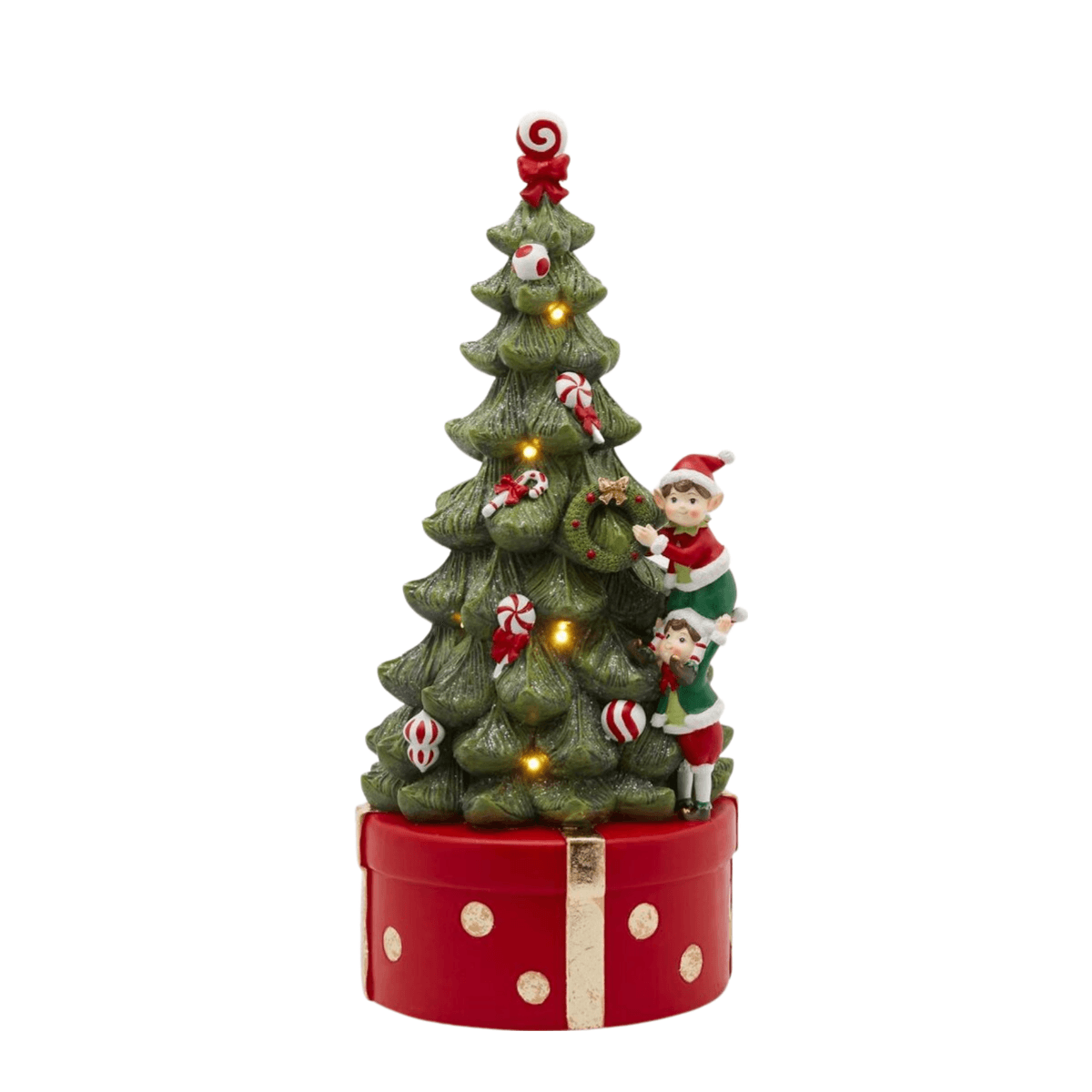 Pino di Natale con elfi, carillon con led luminosi in poliresina h 37 cm - 3