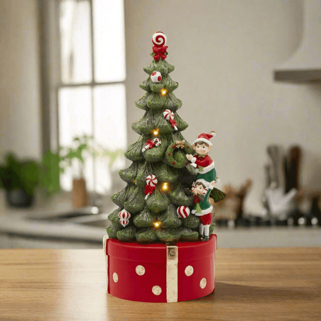 Pino di Natale con elfi, carillon con led luminosi in poliresina h 37 cm - 2