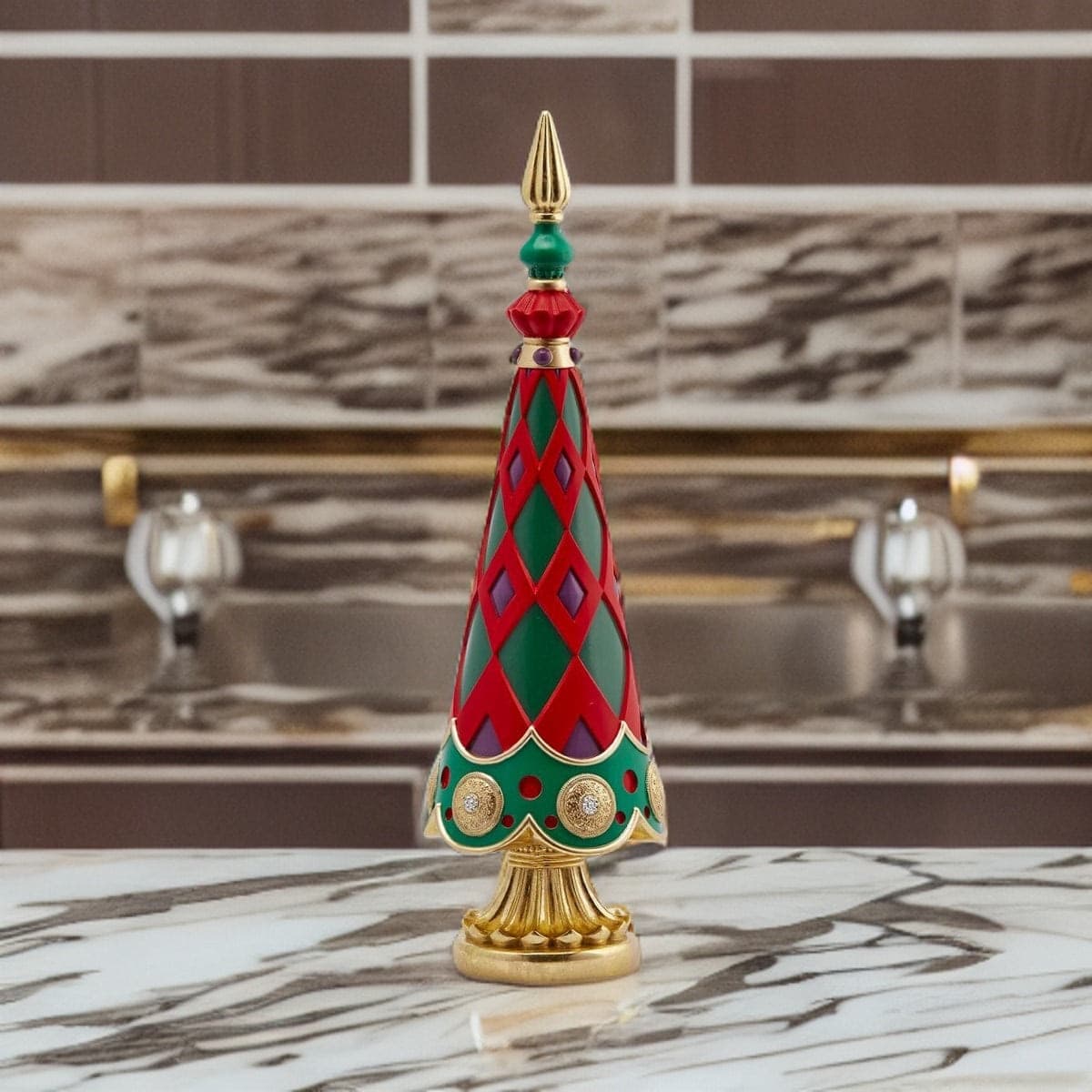 Alberello di Natale rosso e verde in poliresina, decorazione con rombi - 4