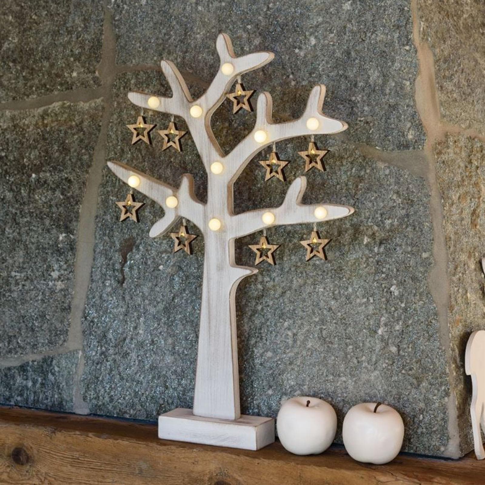 Albero di natale in legno vintage bianco con stelle 20 led a batteria h 50 cm - 2