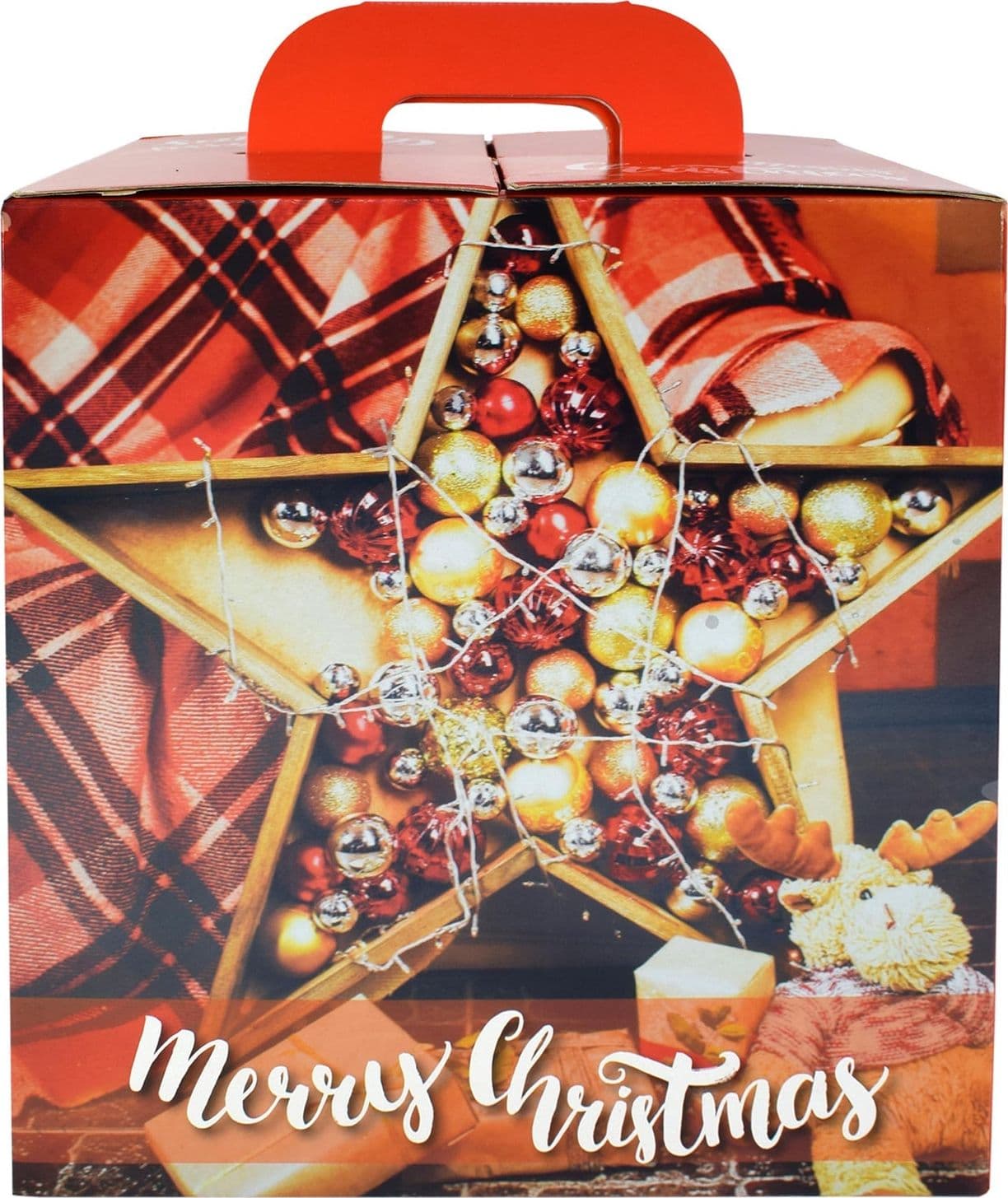 Scatola porta panettone in cartoncino rosso con decorazioni natalizie h 42 cm