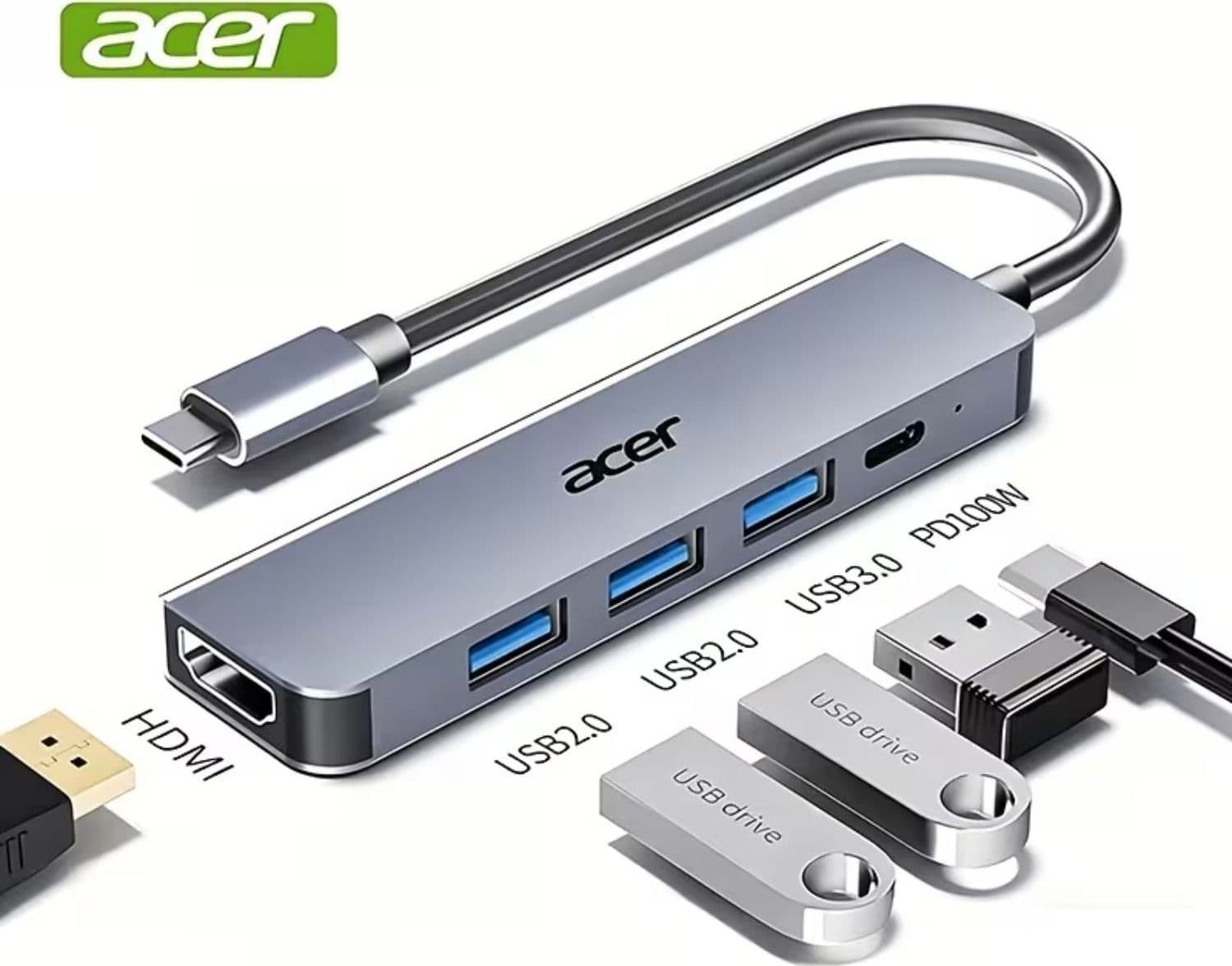 Acer Dock USB-C 5 in 1 con Adattatore HDMI e Caricatore PD 1xUSB-c 3xUSB 1xHDMI