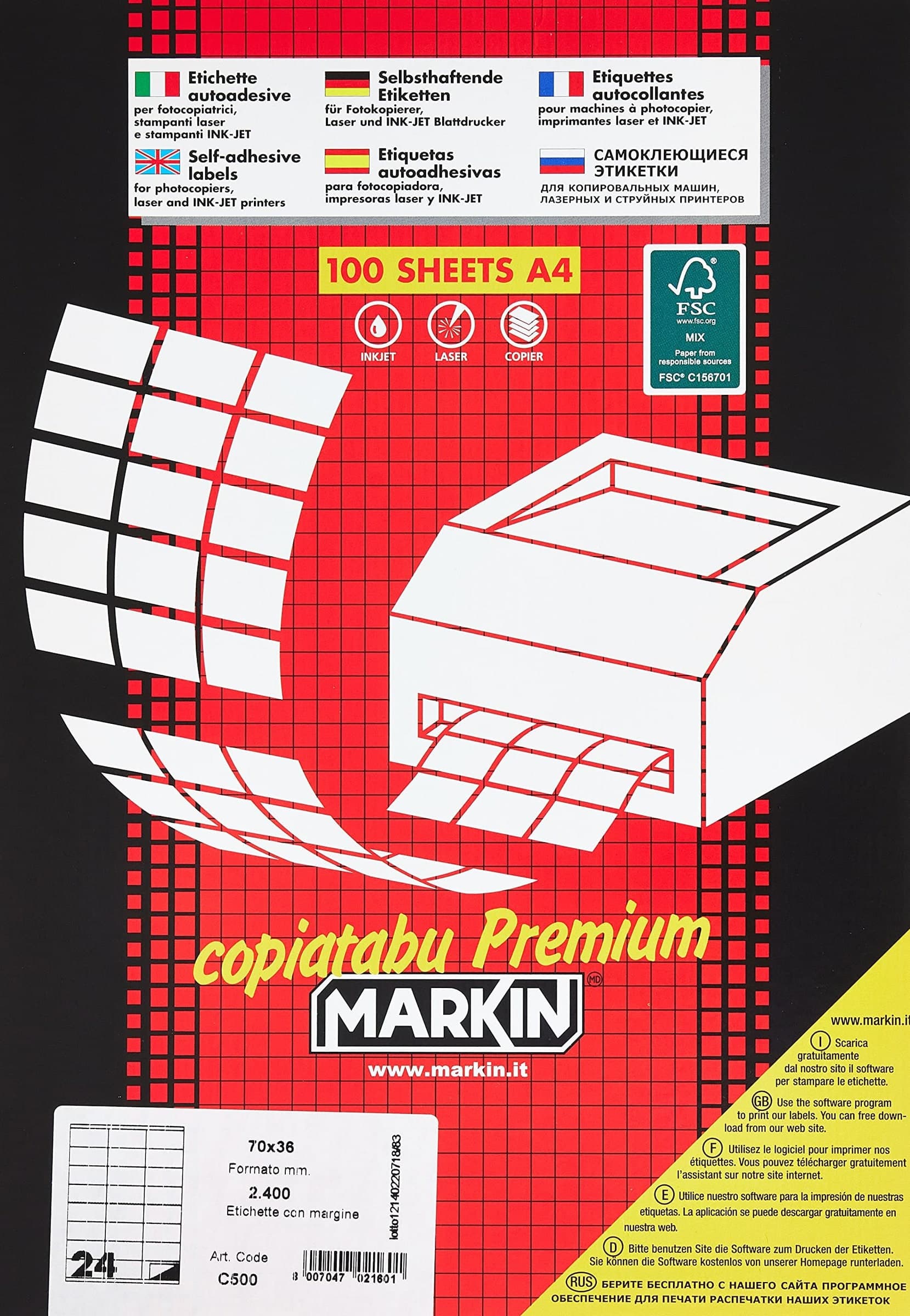 Markin - Etichette bianche Copiatabu permanenti 70x36 mm con margine - 24 et./foglio - conf. 100 fogli - (C500) - 2