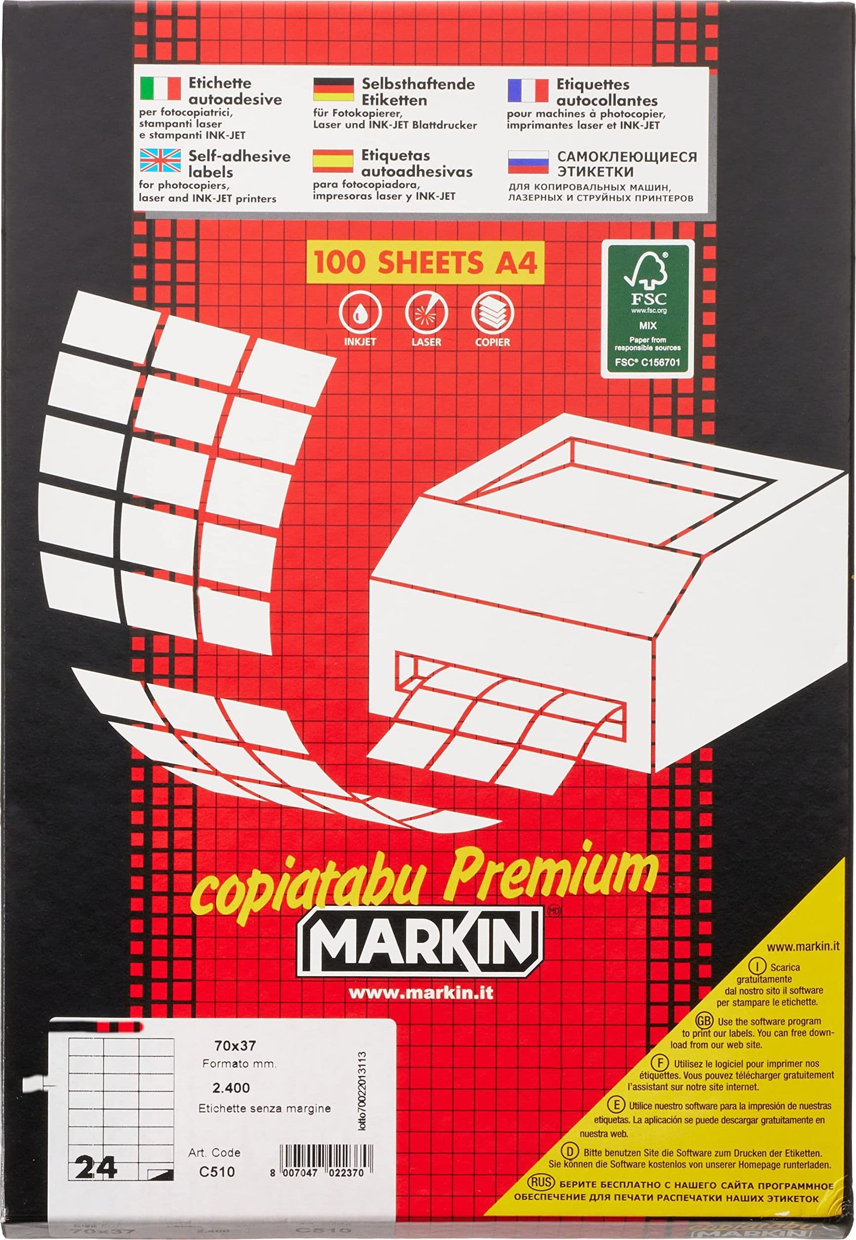 Markin - Etichette bianche Copiatabu permanenti 70x37,12 mm senza margine 24 et./foglio - conf. 100 fogli - (C510) - 4