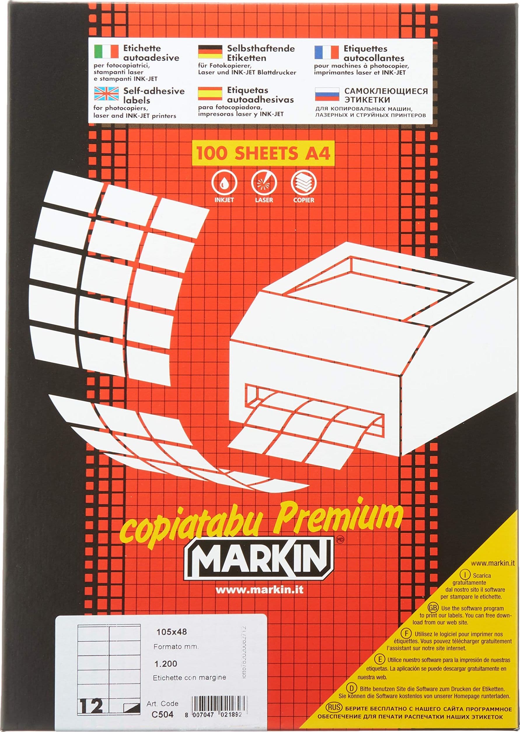 Markin - Etichette bianche Copiatabu permanenti 105x48 mm con margine - 12 et./foglio - conf. 100 fogli - (C504) - 2