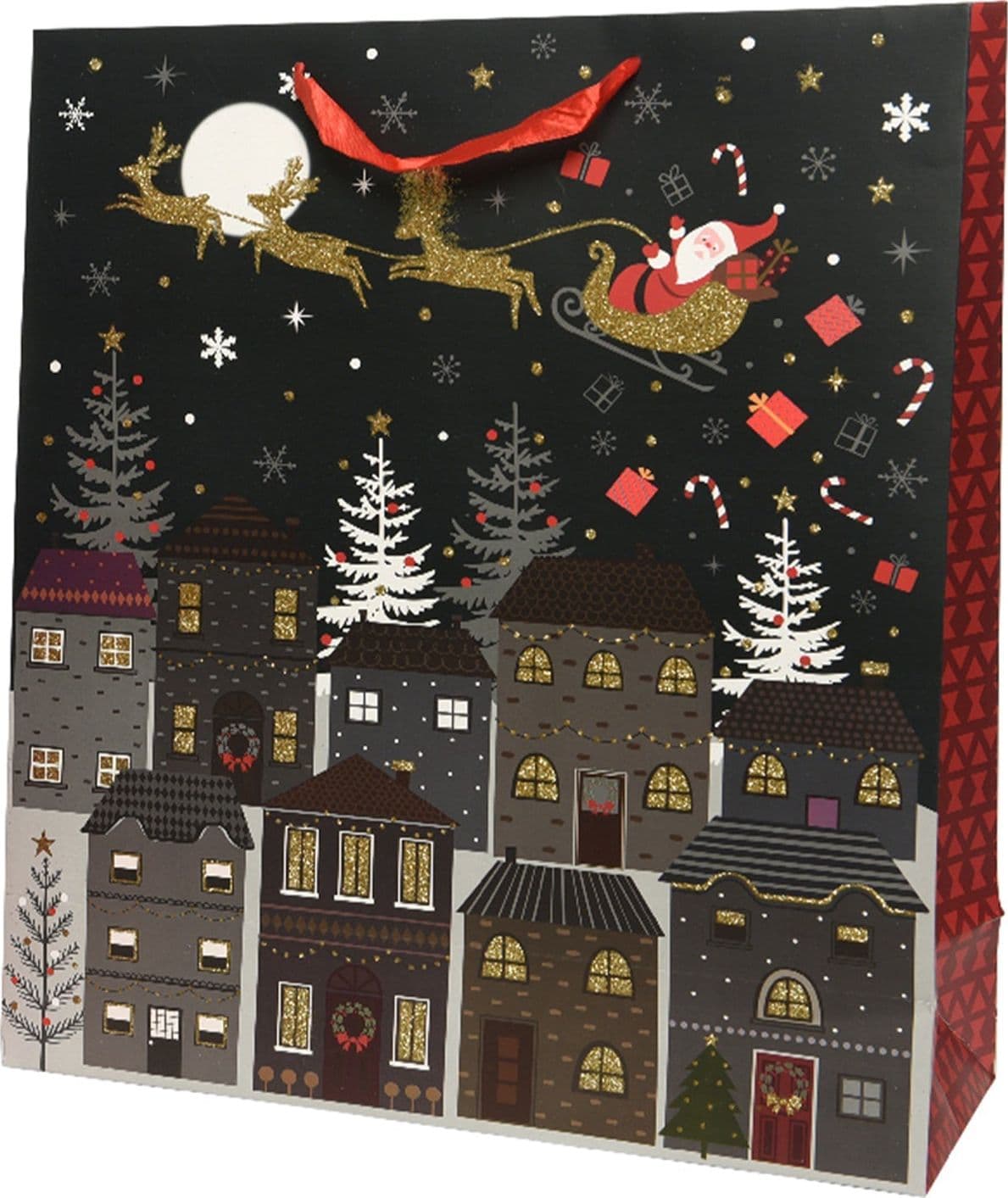 Sacchetto per confezioni regalo natalizie decorato con case e palazzi, manici rossi - 2