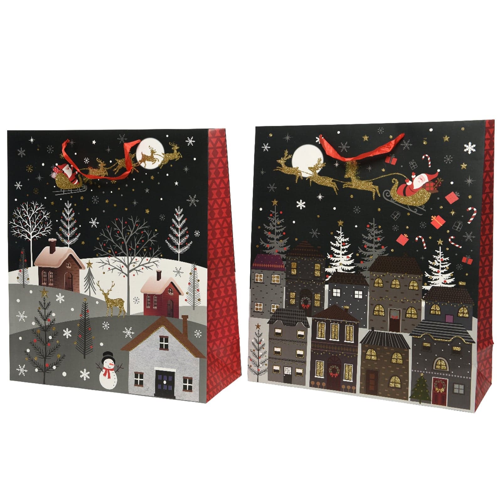 Sacchetto per confezioni regalo natalizie decorato con case e palazzi, manici rossi - 5