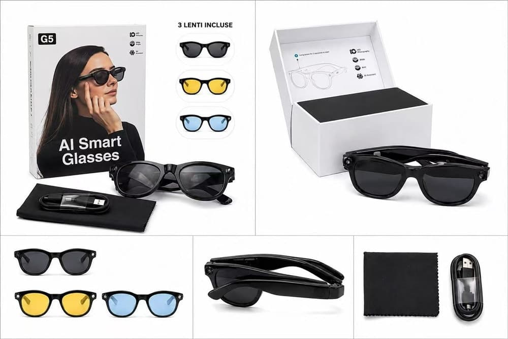 OCCHIALI AI SMART GLASSES G5 INTELLIGENTI FOTOCAMERA HD BLUETOOTH 3 LENTI INTERCAMBIABILI - 2