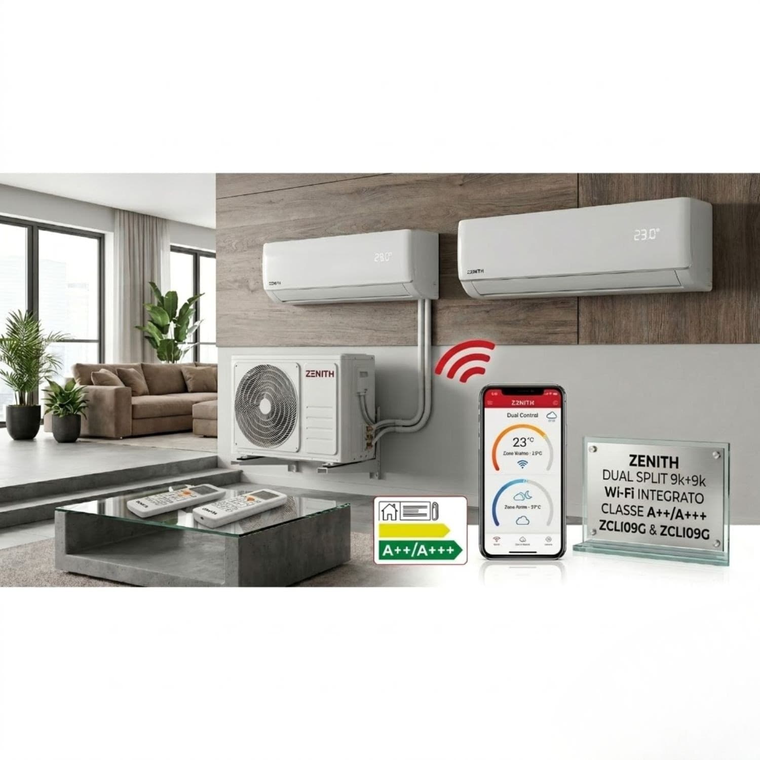 Climatizzatore Dual Split Zenith 9000+9000 BTU (9+9) Inverter Pompa di Calore 4,2kW Wi-Fi Integrato Classe A++/A+++