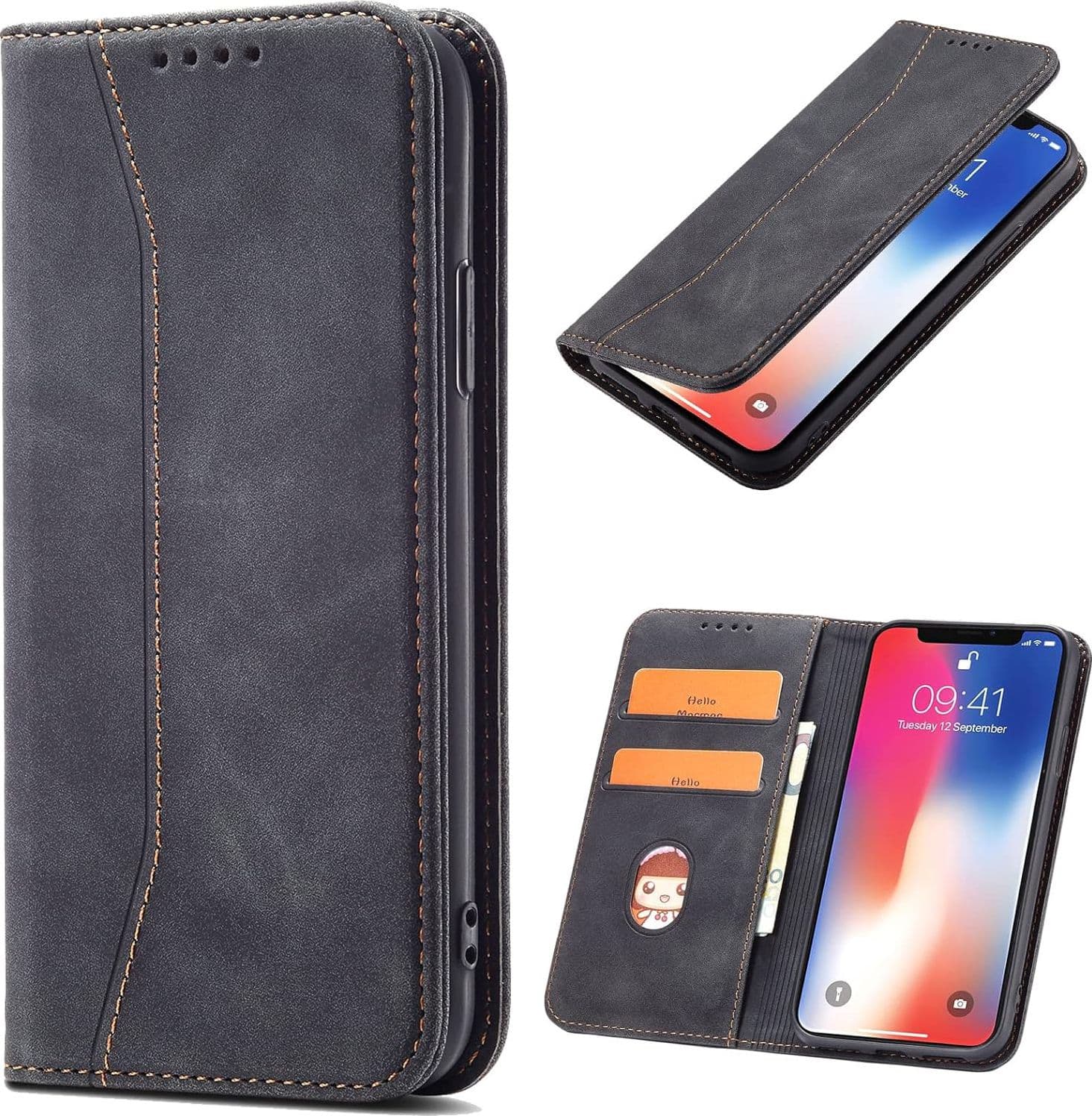 custodia a libro iphone 12 / 12 pro con porta carte di credito chiusura magnetica nera - 2