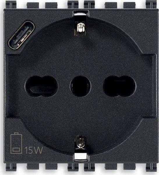 Presa VIMAR 2P+T 16A Universale + USB C Grigio, Modello 19210.USB - Ricarica Sicura e Efficiente - 2