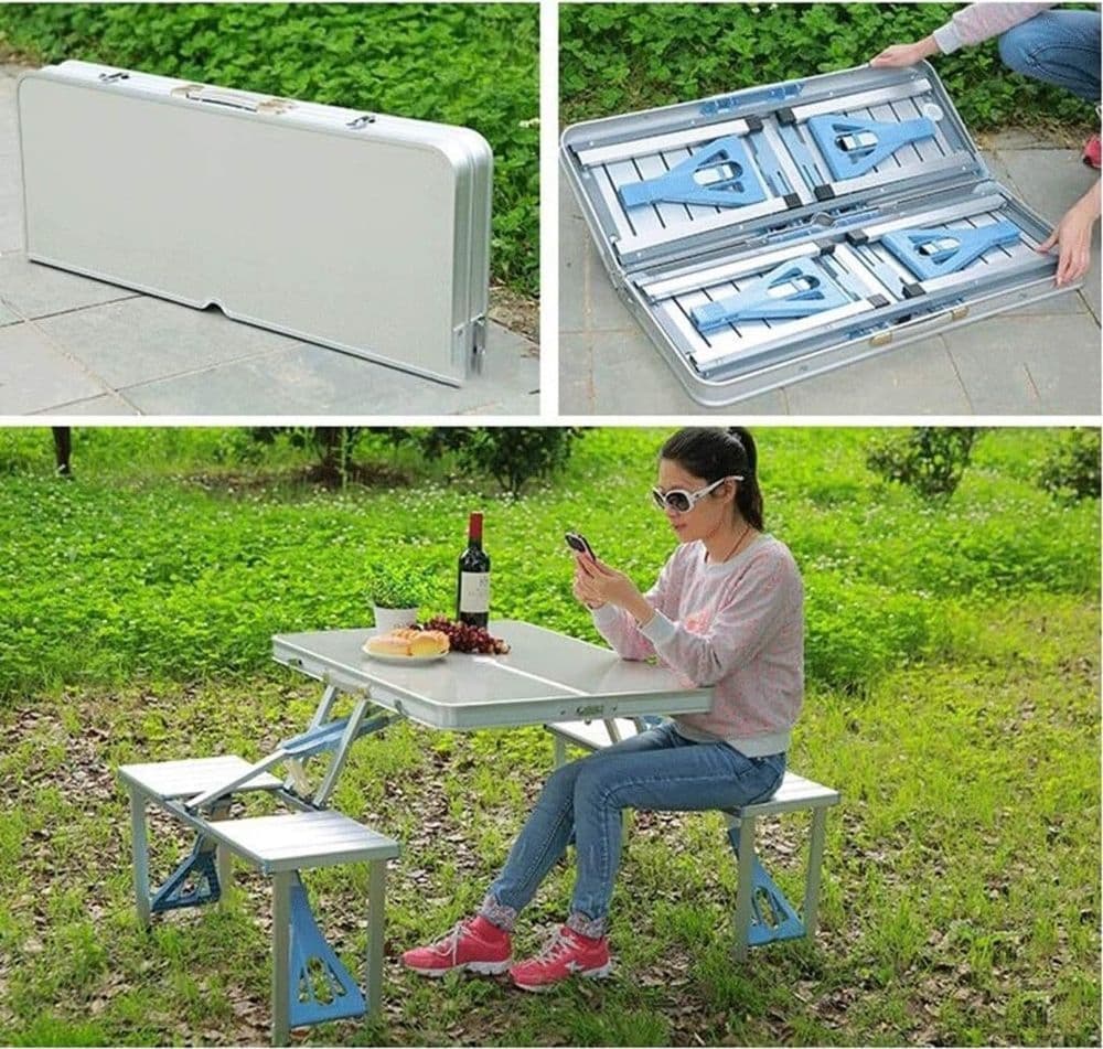 SET TAVOLO PIEGHEVOLE IN ALLUMINIO PIC NIC CAMPEGGIO PORTATILE VALIGIA CON PANCA A 4 POSTI - 12