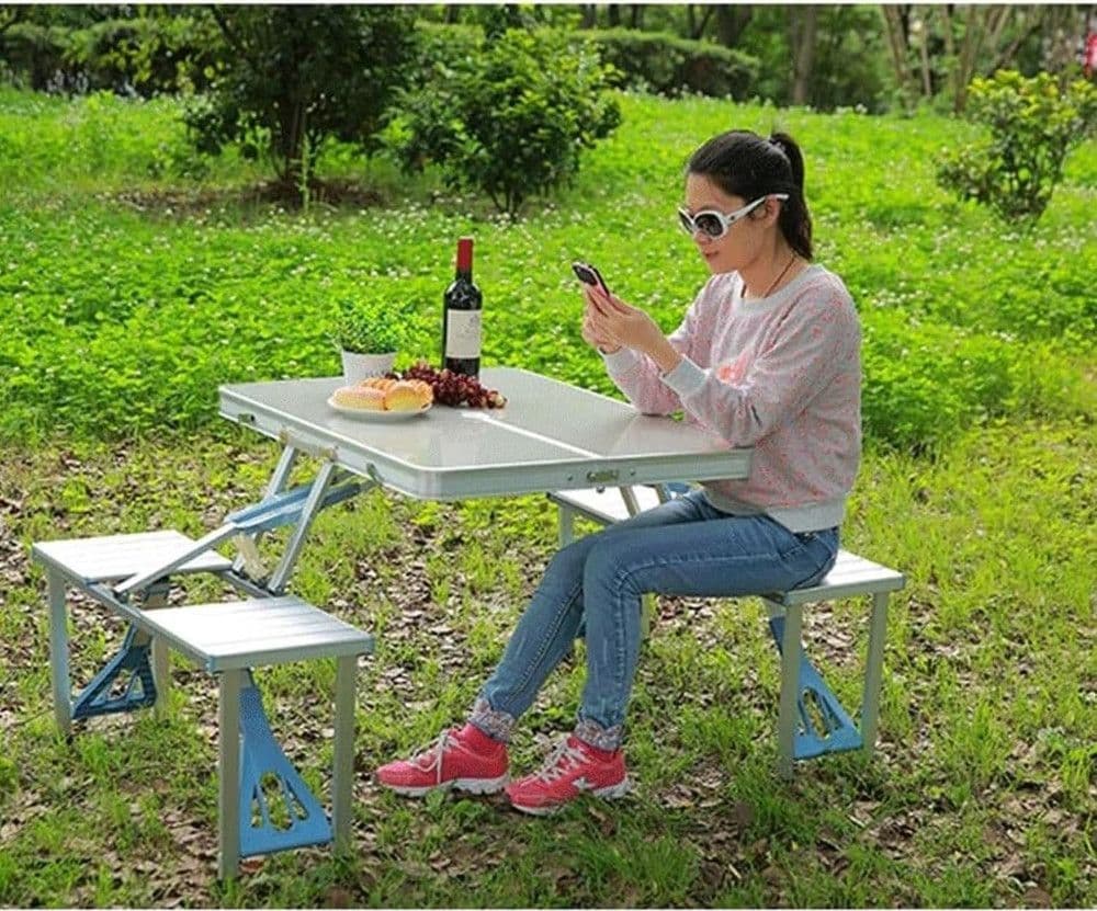 SET TAVOLO PIEGHEVOLE IN ALLUMINIO PIC NIC CAMPEGGIO PORTATILE VALIGIA CON PANCA A 4 POSTI - 13