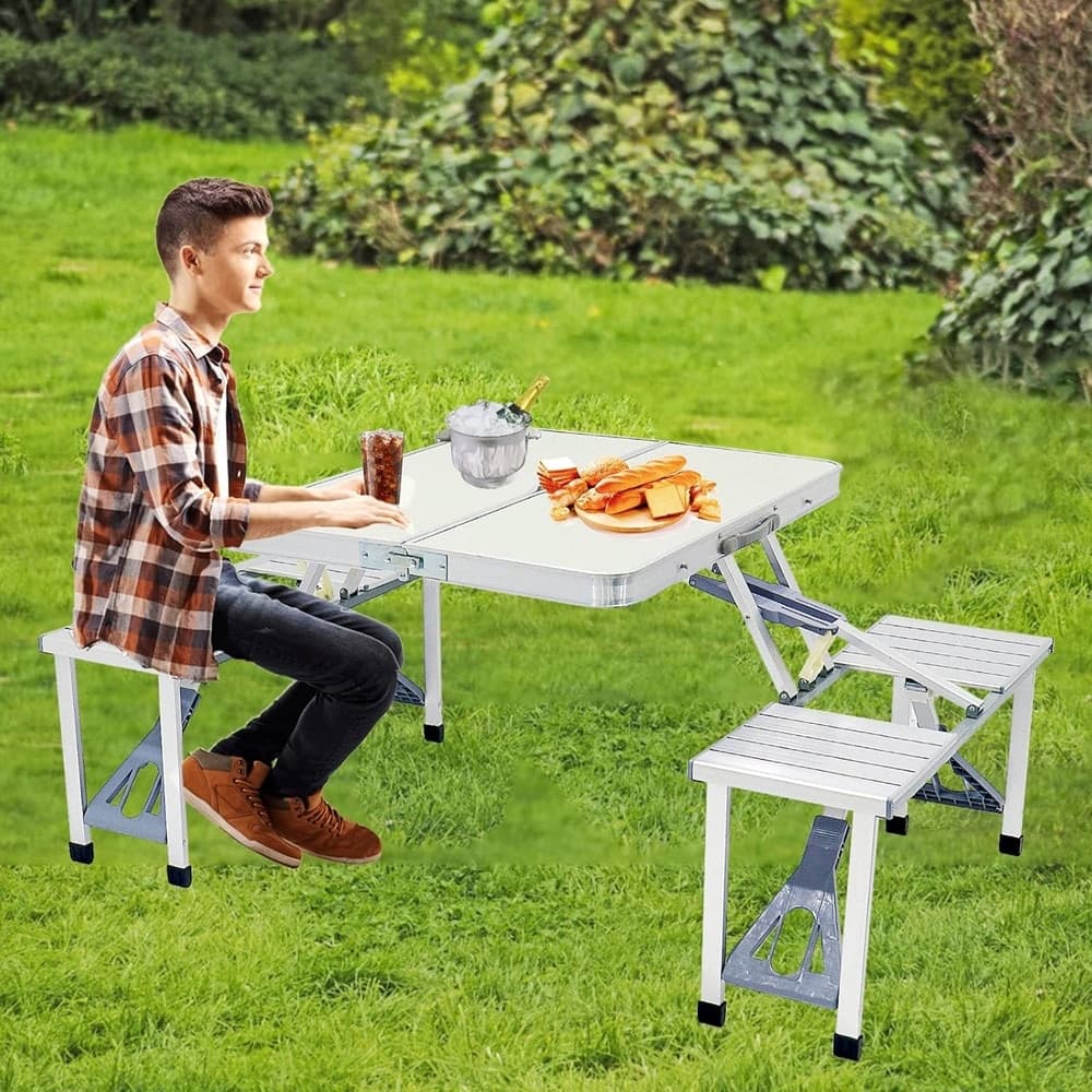 SET TAVOLO PIEGHEVOLE IN ALLUMINIO PIC NIC CAMPEGGIO PORTATILE VALIGIA CON PANCA A 4 POSTI - 14