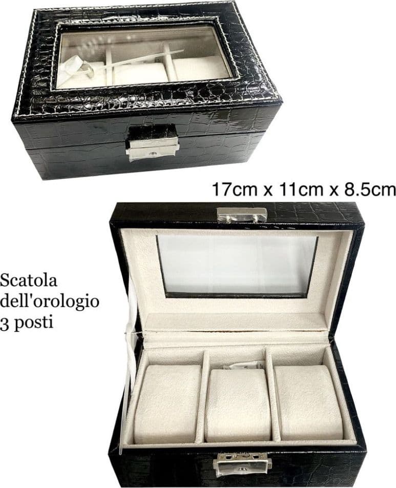 Scatola porta orologi 3 posti con vetro custodia elegante effetto pelle nera - 2