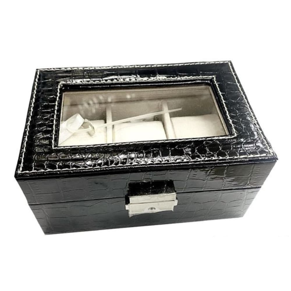 Scatola porta orologi 3 posti con vetro custodia elegante effetto pelle nera - 3