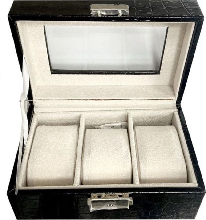 Scatola porta orologi 3 posti con vetro custodia elegante effetto pelle nera - 4