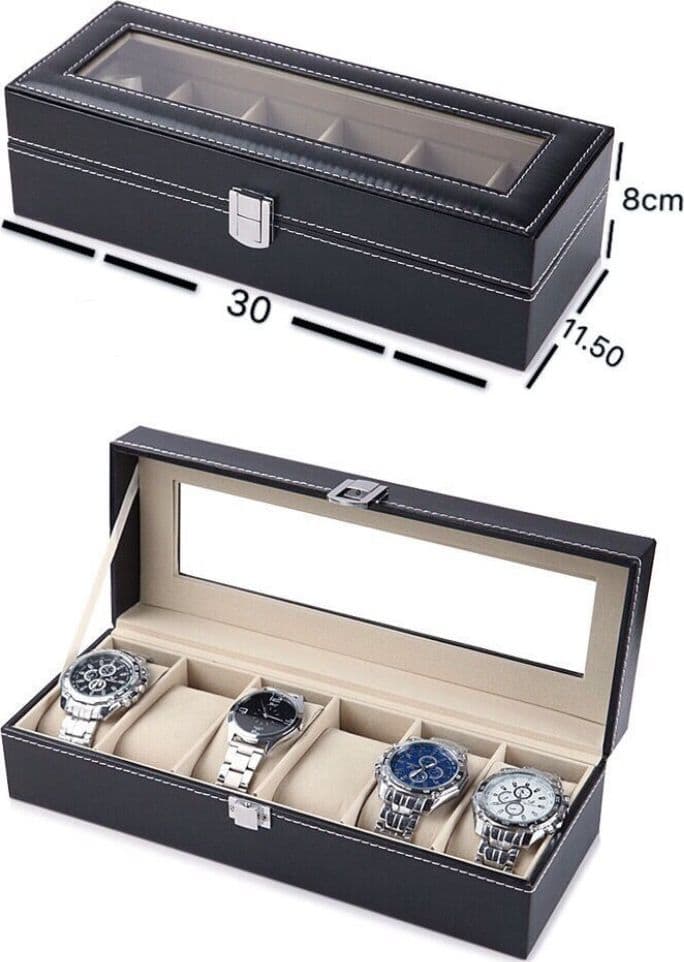 Scatola porta orologi 6 posti con vetro custodia elegante effetto pelle nero - 2