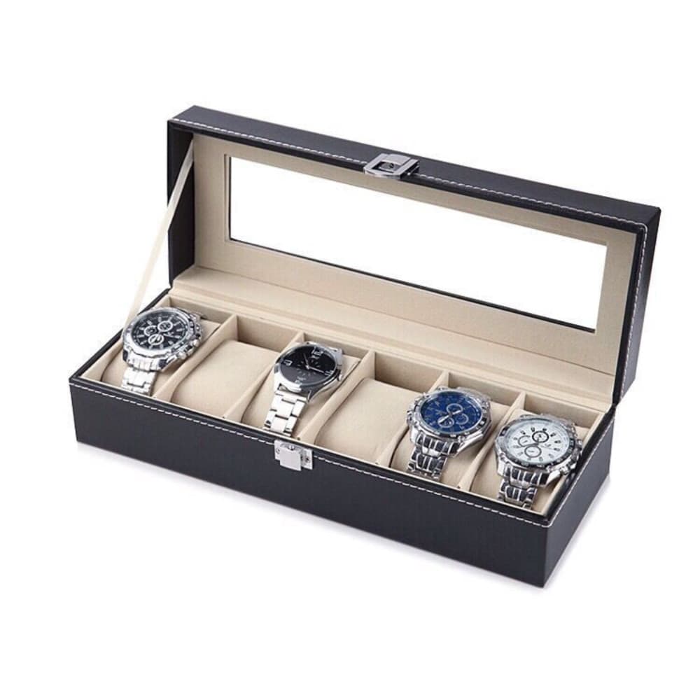 Scatola porta orologi 6 posti con vetro custodia elegante effetto pelle nero - 3