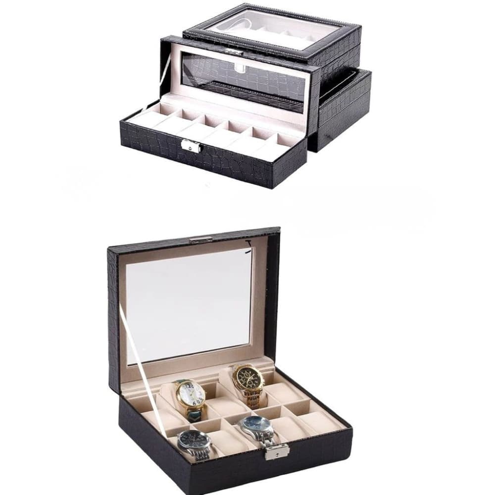 Scatola porta orologi 10 posti con vetro doppio livello custodia elegante effetto pelle