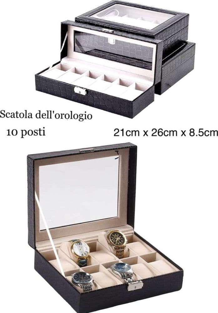 Scatola porta orologi 10 posti con vetro doppio livello custodia elegante effetto pelle - 2