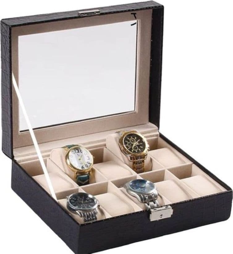 Scatola porta orologi 10 posti con vetro doppio livello custodia elegante effetto pelle - 3