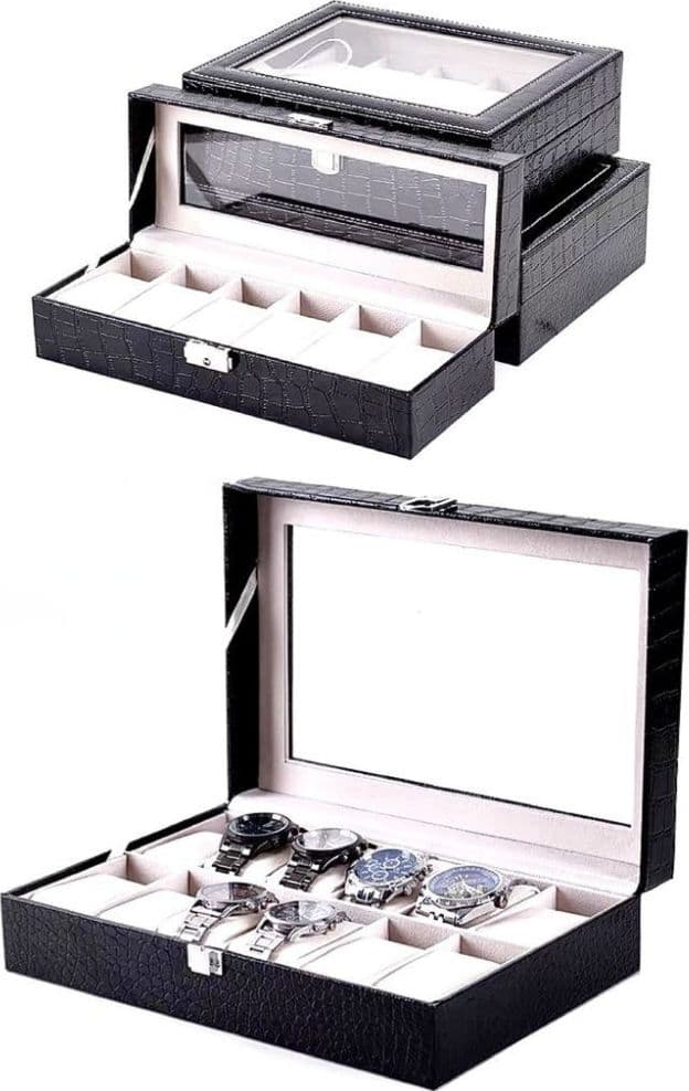 Scatola porta orologi 12 posti con vetro custodia grande effetto pelle elegante