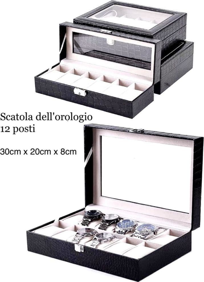 Scatola porta orologi 12 posti con vetro custodia grande effetto pelle elegante - 2