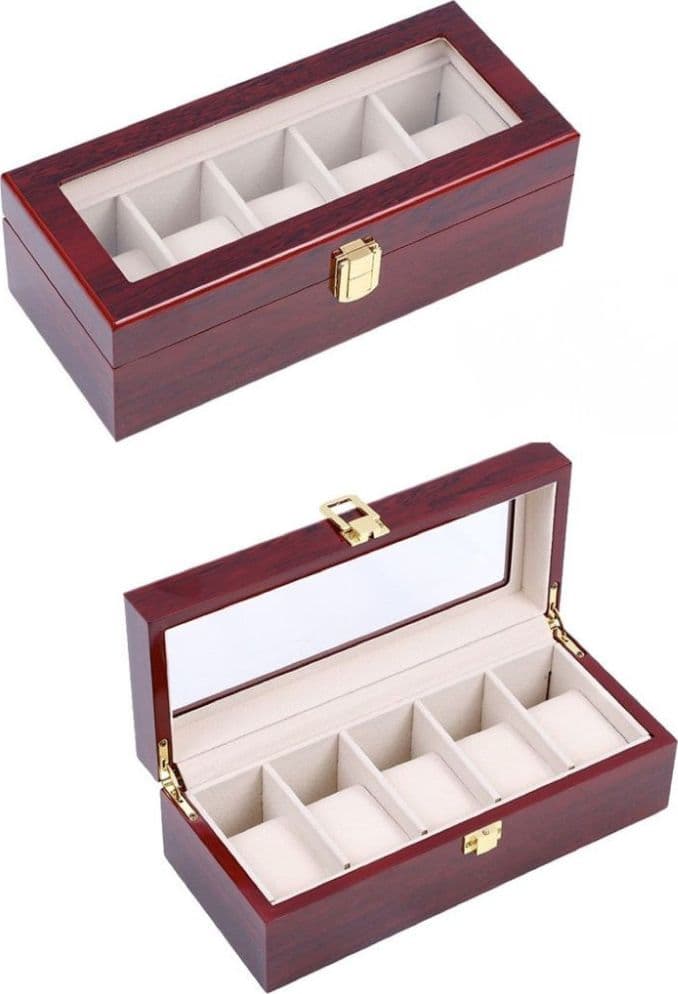 Scatola porta orologi 5 posti in legno con vetro custodia elegante effetto lusso