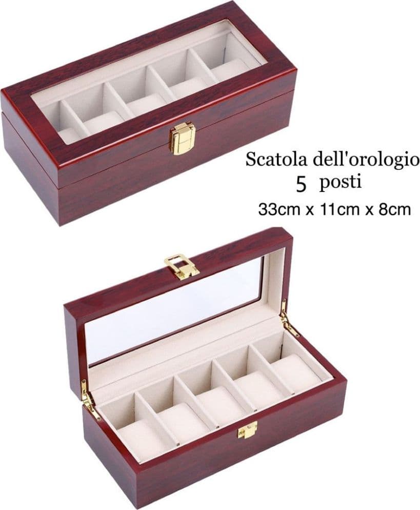 Scatola porta orologi 5 posti in legno con vetro custodia elegante effetto lusso - 2