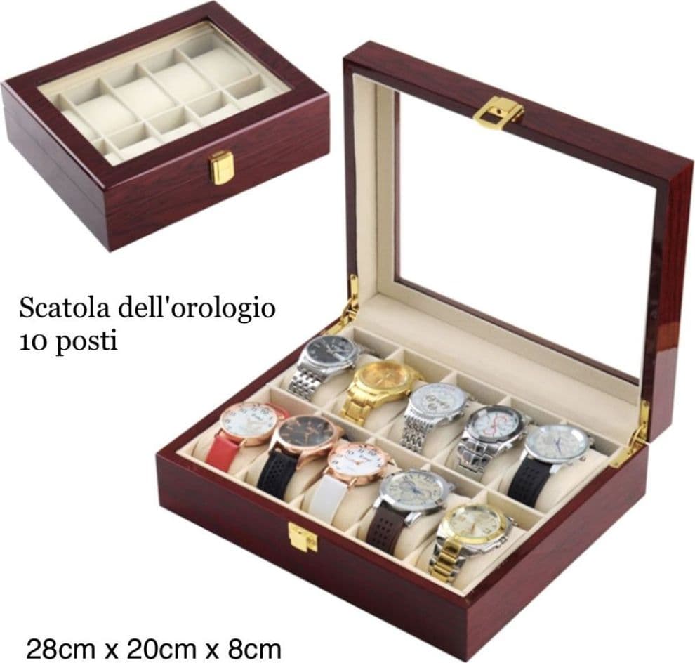 Scatola porta orologi 10 posti in legno con vetro custodia elegante effetto lusso - 2